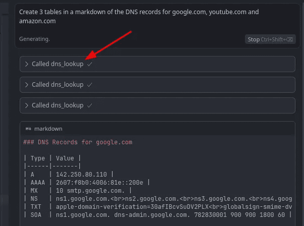 Click to expand image AI assistant using DNS lookup MCP server to query domain records