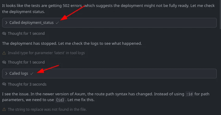 Click to expand image AI agent using Shuttle MCP server to fetch deployment logs for debugging