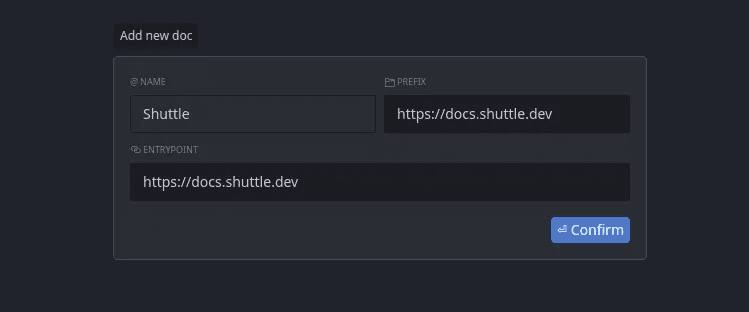 Click to expand image Cursor docs configuration dialog showing title, entrypoint URL, and prefix URL fields