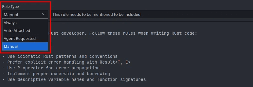 Click to expand image Cursor rules configuration interface showing different rule attachment options