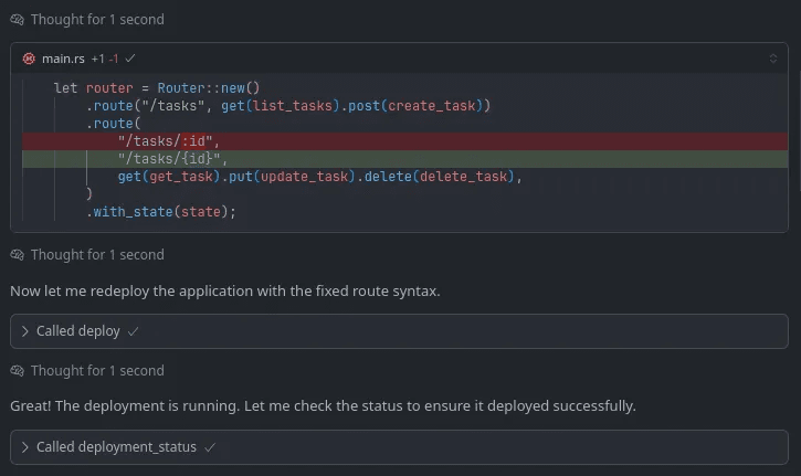 Click to expand image AI agent fixing path parameter syntax for Axum 0.8
