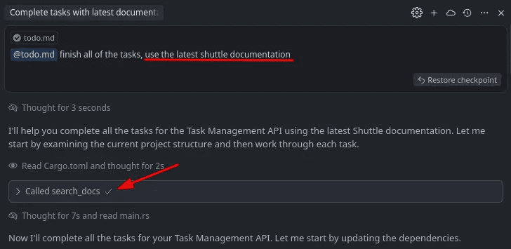 Click to expand image AI assistant using Shuttle MCP server to search documentation