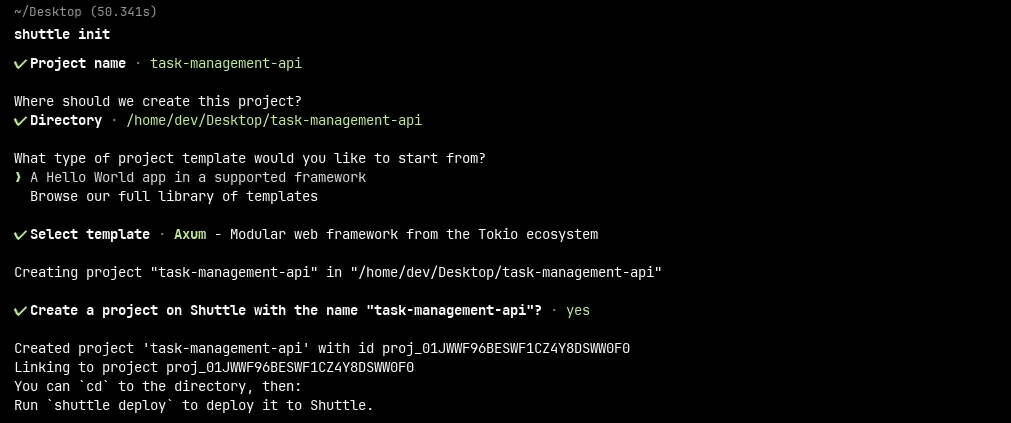 Click to expand image Shuttle CLI output showing project initialization with Axum template
