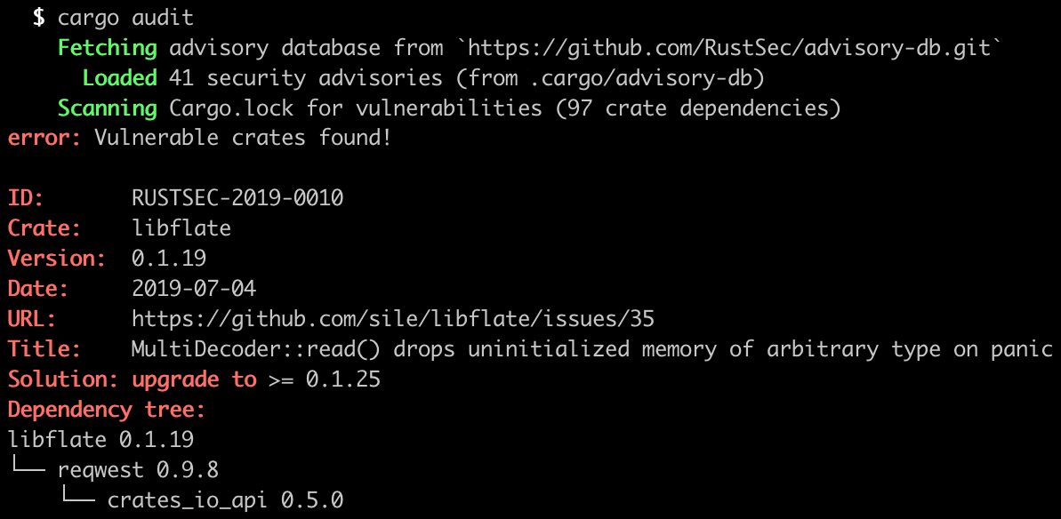 Click to expand image cargo-audit discovering a vulnerable Rust crate