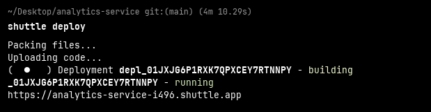 Click to expand image Terminal output showing successful deployment of the analytics microservice to the Shuttle cloud platform