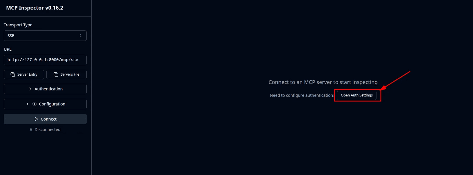 Click to expand image MCP inspector open Auth settings